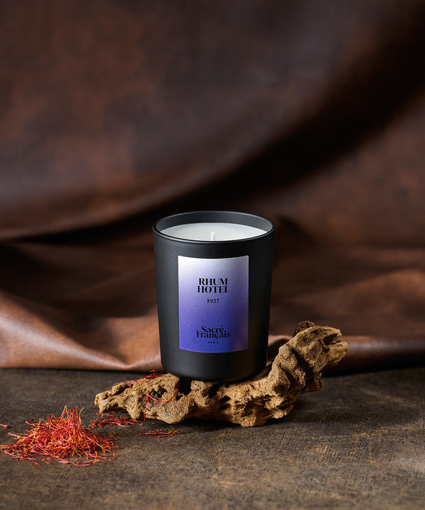 still life candle sacred french perfume Rhum hotel with leather and spices patterns