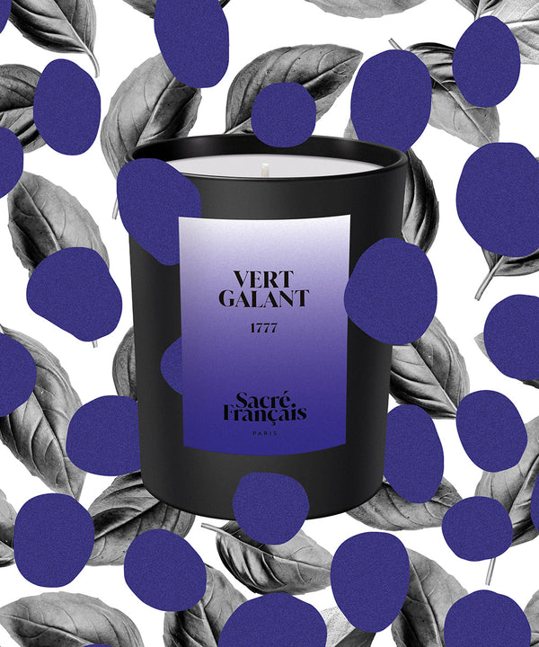 French sacred candle Vert Galant with basil leaf design